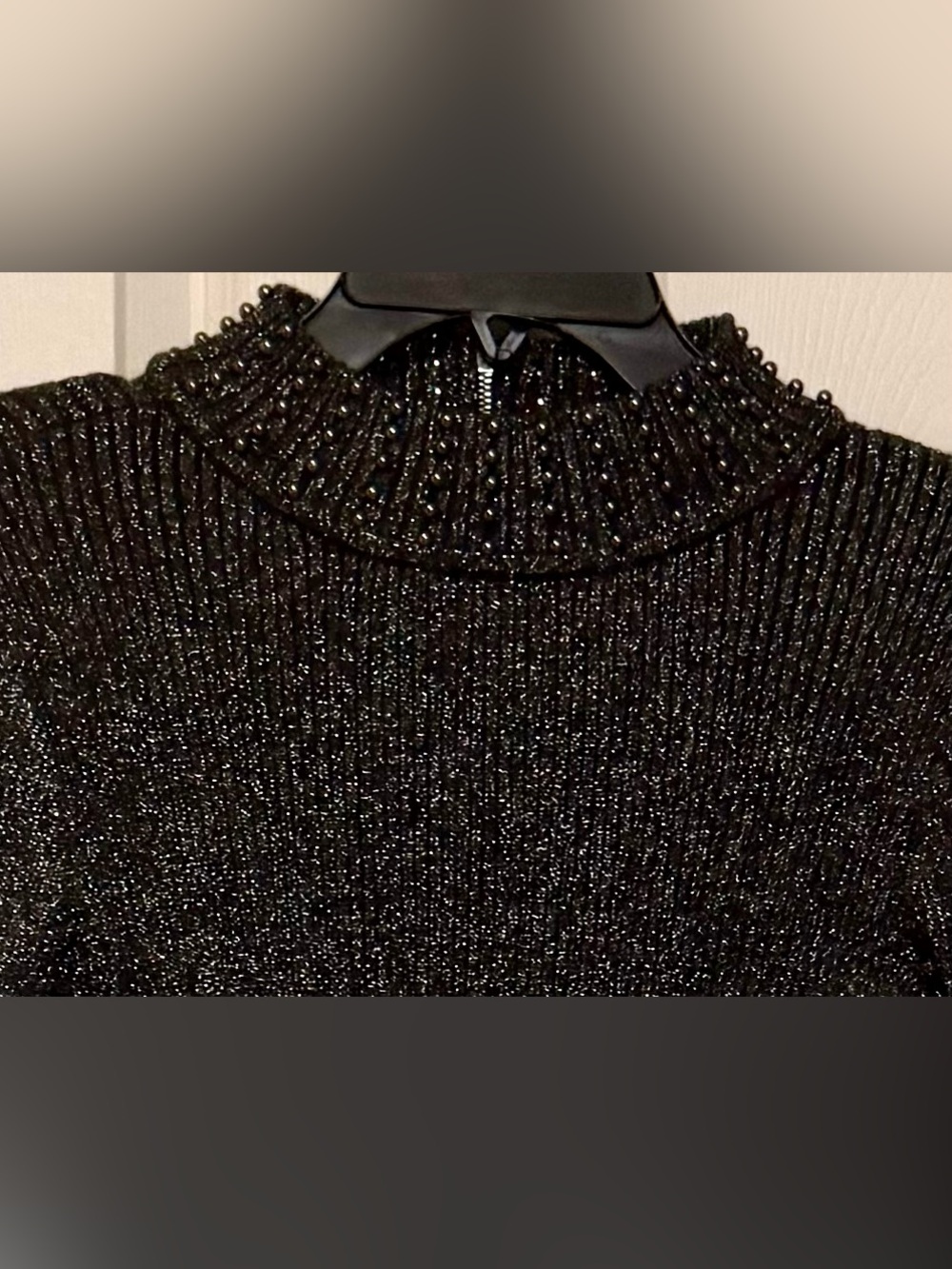 Belldini Black Silver Metallic Mock Neck Peplum Top Embellished Collar Size Smal - Picture 4 of 13